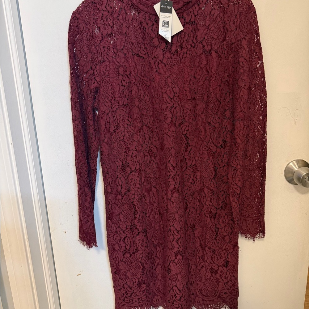 Charlie Paige Burgundy Lace Long Sleeve Dress